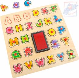 WOODY DØEVO Razítka puzzle vkládací s úchyty 2v1 abeceda set 26ks s poduškou